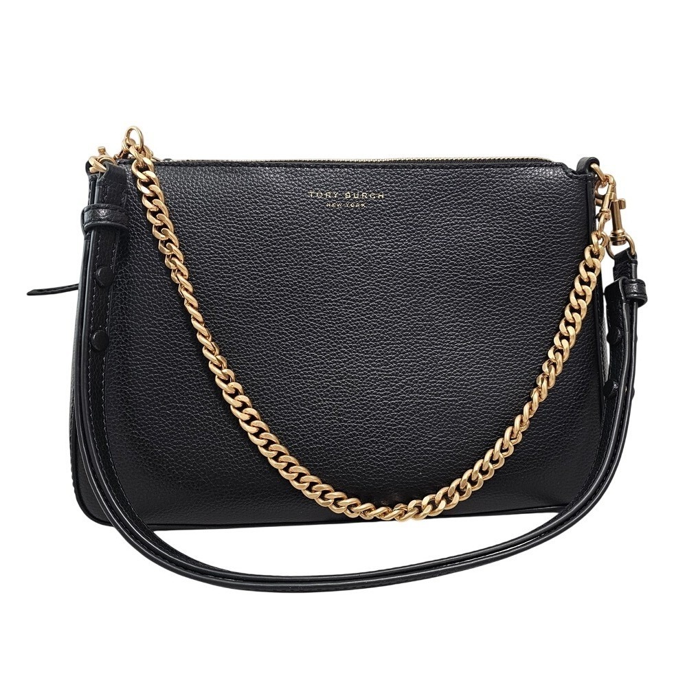 Tory Burch Perry Shoulder Bag Small Black Pebbled Leather Gold Chain Minimal ~